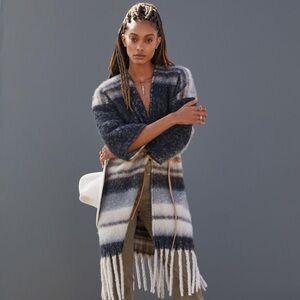 Anthropologie Striped Knit Kimono Fringe Jacket Coat | Fall Shawl